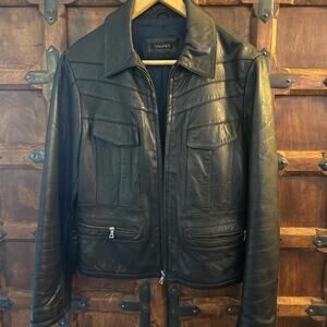 Vintage Tahari All Black Supple Leather zip up Moto Jacket Medium